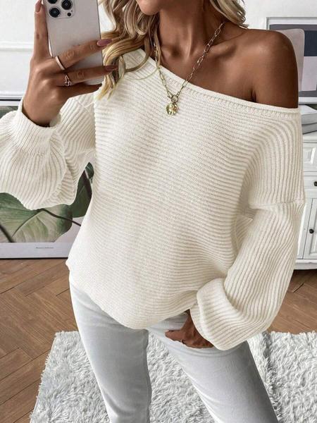Women's Off-Shoulder Boat Neck Solid Color Long Sleeve Pullover Sweater Knitwear, Autumn/Winter Ribbed Knit Casual Loose Fit Cute Fashion Cozy Soft Lightweight Sweater Top, Fall Outfit for Women, Winter Sweater Women