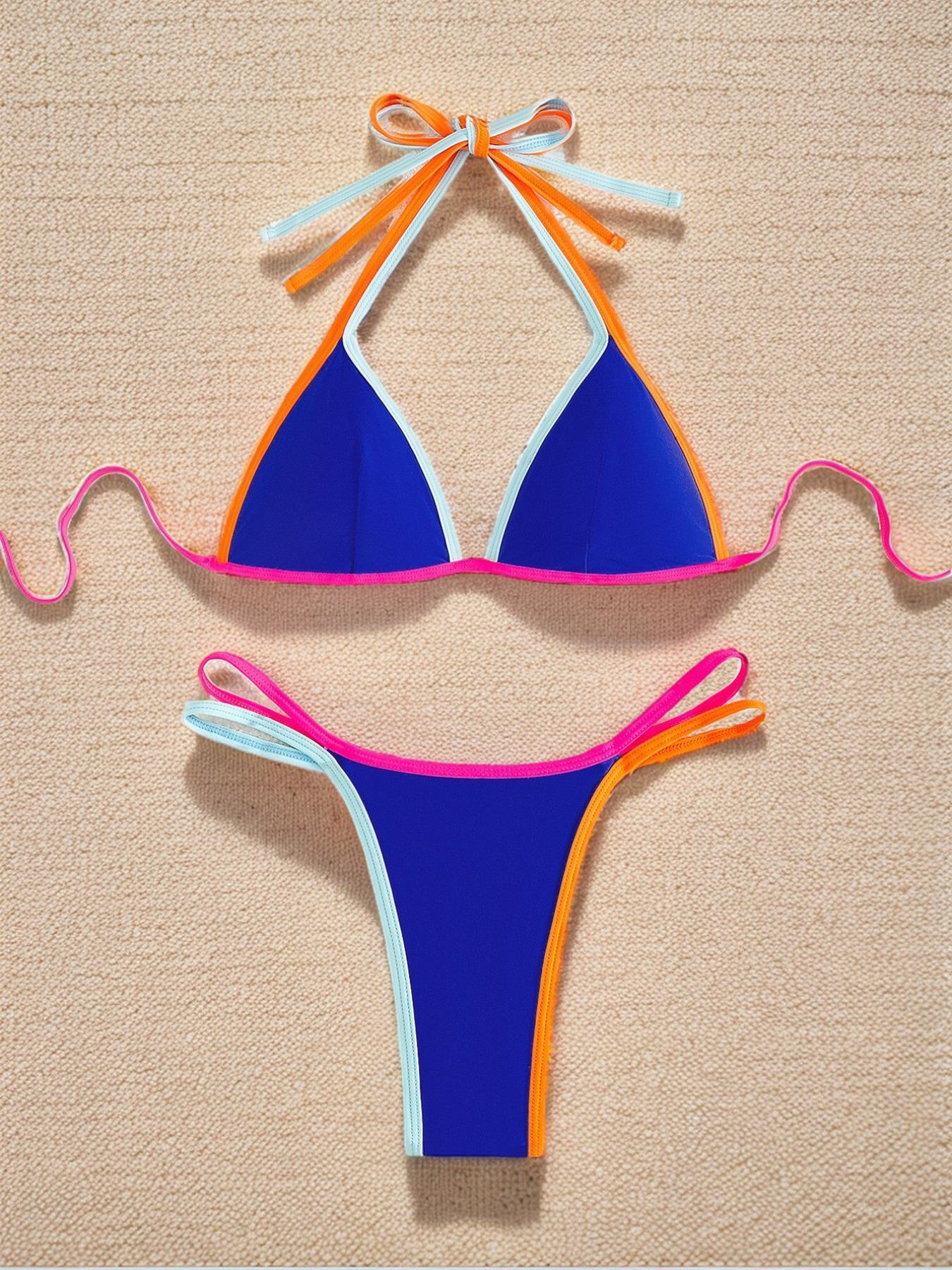 Women's Solid Tie Back Halter Bikini Set, Casual Triangle Swim Bra & Tie Side Swim Panty Set for Beach Holiday, Women's Trendy Chic Swimsuit for Summer