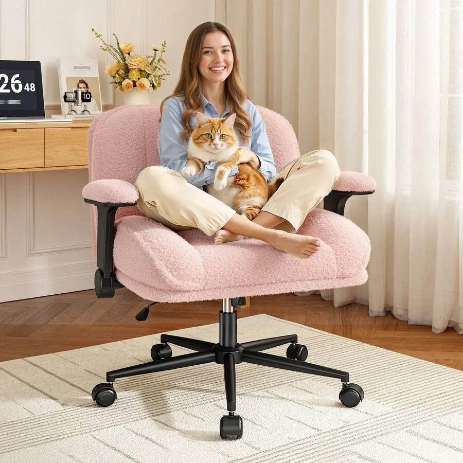 Teddy Fleece Ergonomic Swivel Vanity Desk Chair - 28.3in Wide, Criss-Legged with Wheels, Flip-Up Arms, Adjustable Height Seating, Home Office/Bedroom, Baby Pink, Ergonomic Swivel Chair