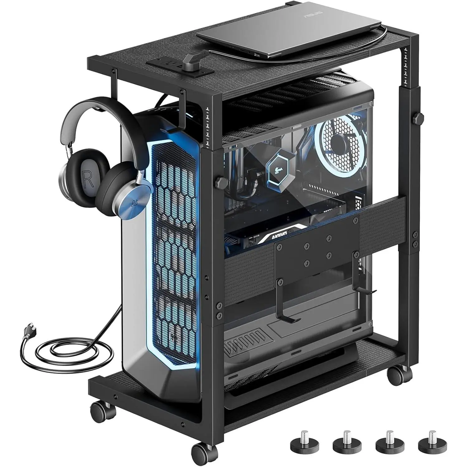 Black Rectangular Adjustable Height Computer Tower Stand - CPU Holder Cart with Charging Station, 23.03-28.3" H, for Office/Home/Classroom, H:23.03–28.3", Rectangular Stand