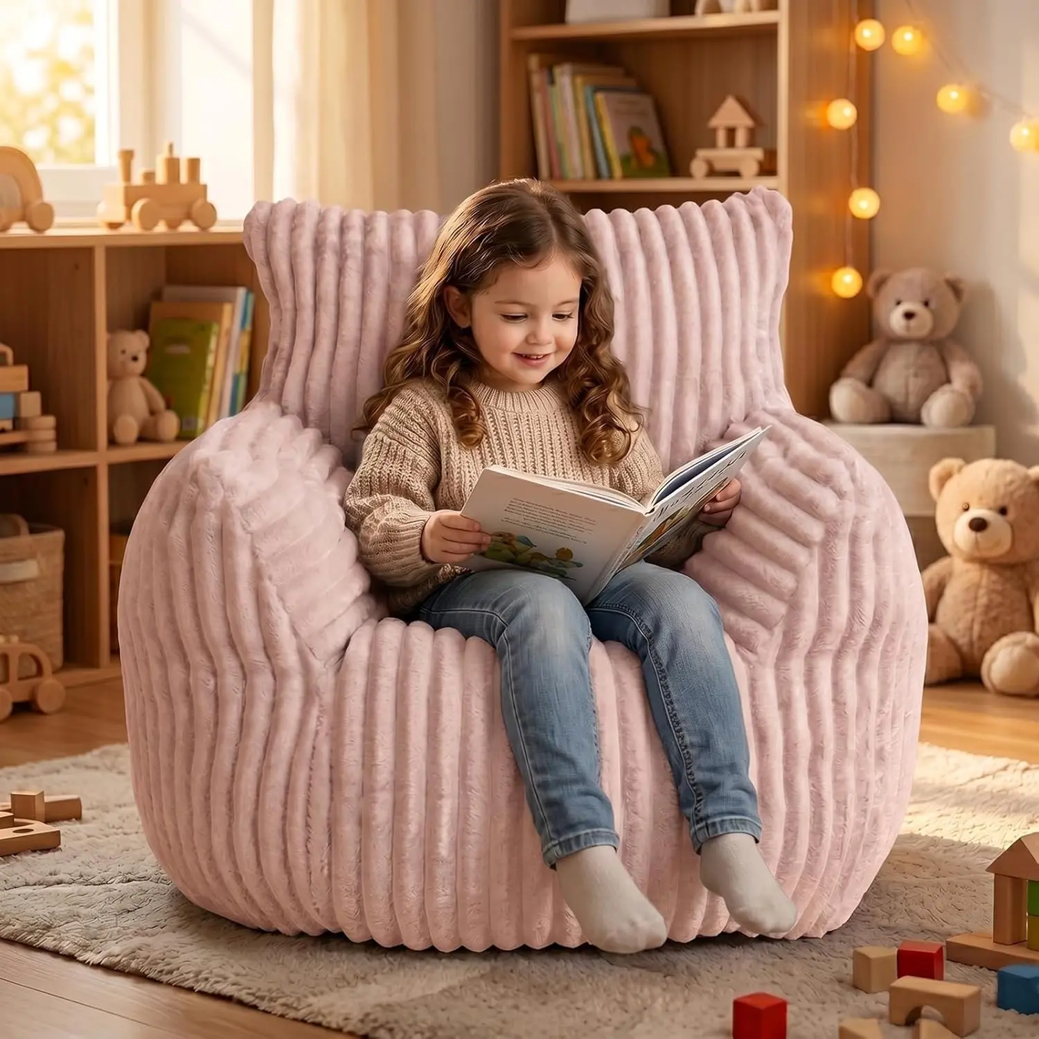 Bean Bag Chair — Plush Faux Fur Memory Foam, Ultra Soft Floor Lounger for Bedroom, Dorm, Playroom & Small Spaces (Small Stripe Pink)