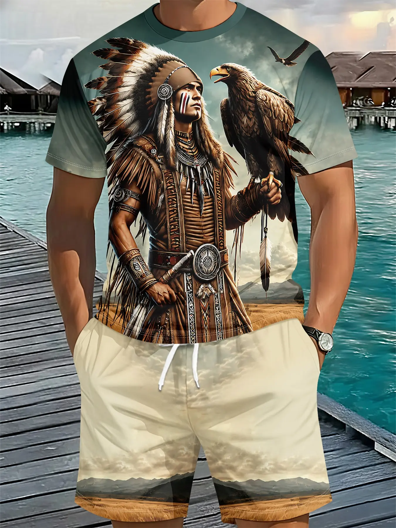 Vintage Ethnic Print 3D Digital Print 2-Piece Set with Native American Chief Eagle Pattern, 2Pcs, Trendy Fashion Outfit, Retro Casual 2-Piece Suit, Stylish Vacation Wear, Breathable Sports Casual Style, Perfect Holiday Gift for Men