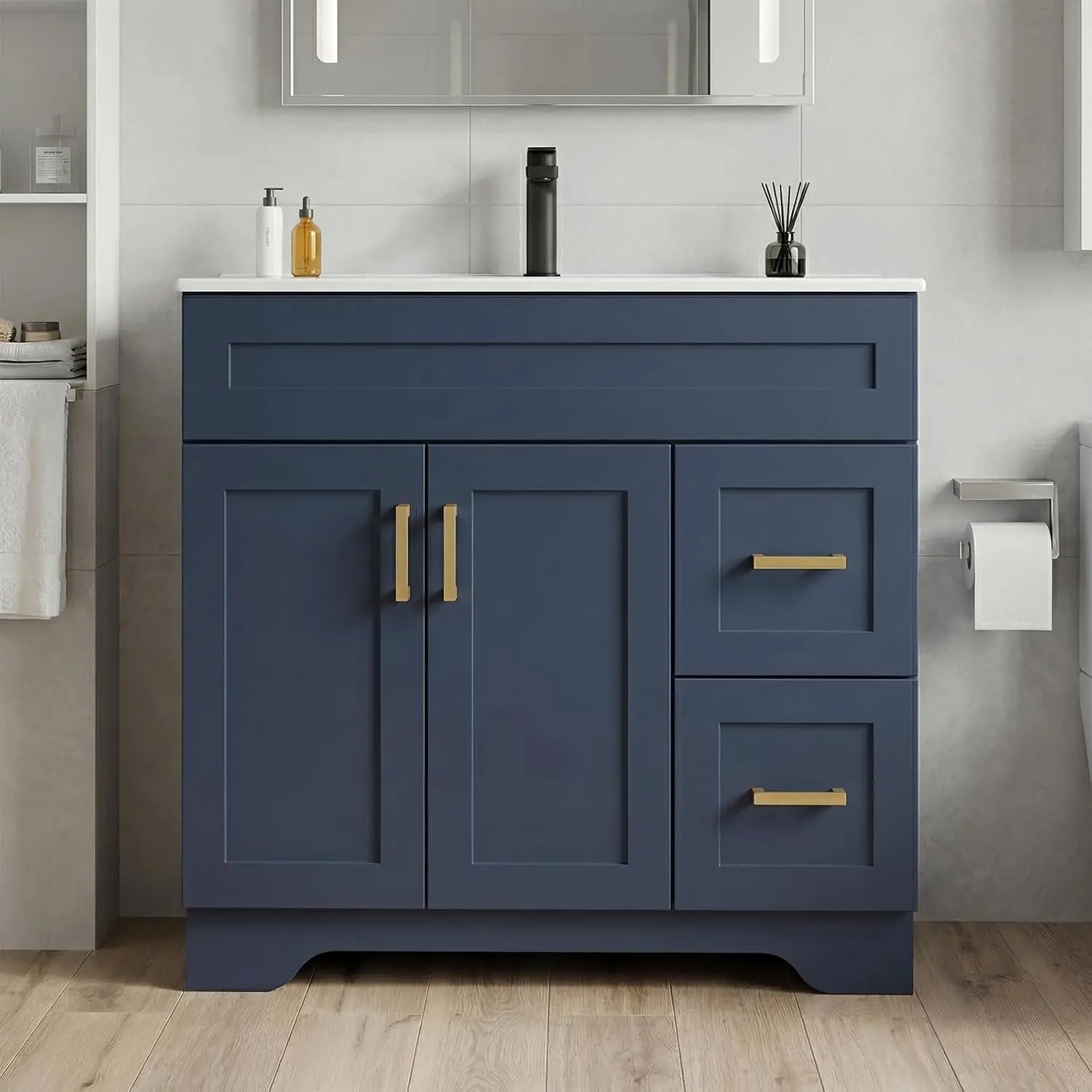 36 Inch Bathroom Vanity with Sink, Modern Wood Shaker Bathroom Vanity Cabinet with 2 Soft-Close Doors & 2 Drawers, Freestanding Bathroom Sink Storage Cabinet, Waterproof Painted Surface, Navy Blue