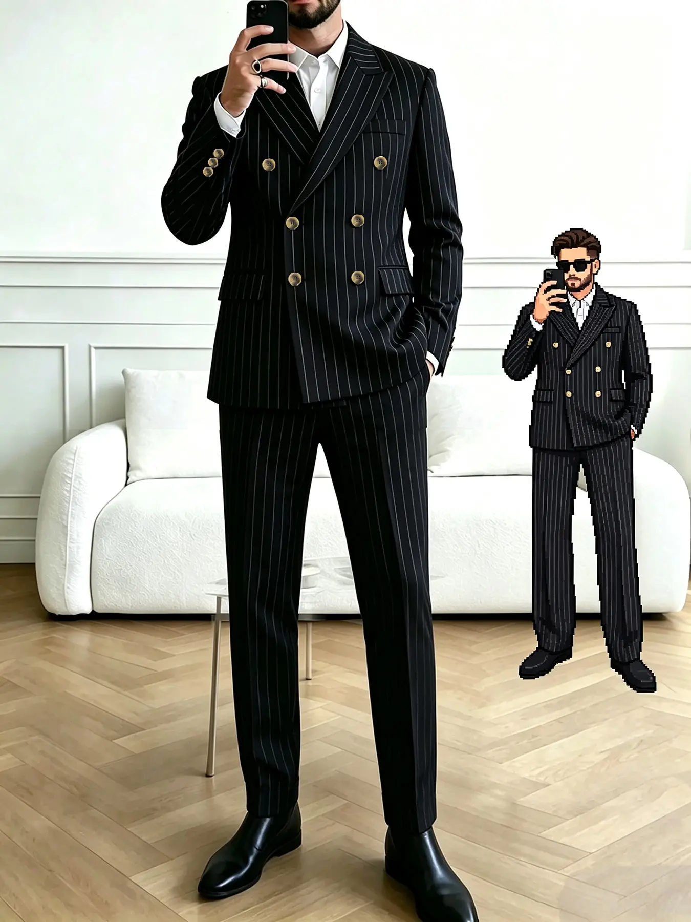 Men's Casual Business Blazer Set, Striped Suit and Pants, Double Button Notch Lapel, Perfect for Weddings, Office, Formal Events