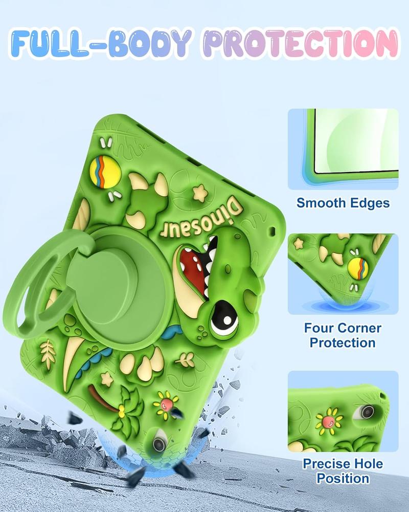 3C9-PHP016  for iPad A16 Case/10th Generation Case - Green Dinosaur Cool for Boys Girls Teens Soft Silicone Cute with Shoulder Strap & Rotating Stand Case for iPad A16 11th Generation 11 Inch 2025