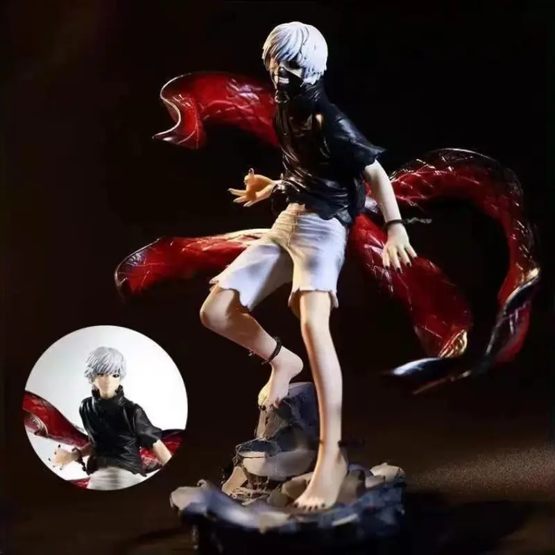 Tokyo Ghoul Ken Kaneki Figure 22cm, 2 Replaceable Heads, Red Kagune, Cracked Rock Base, Large Anime Desktop Ornament Gift