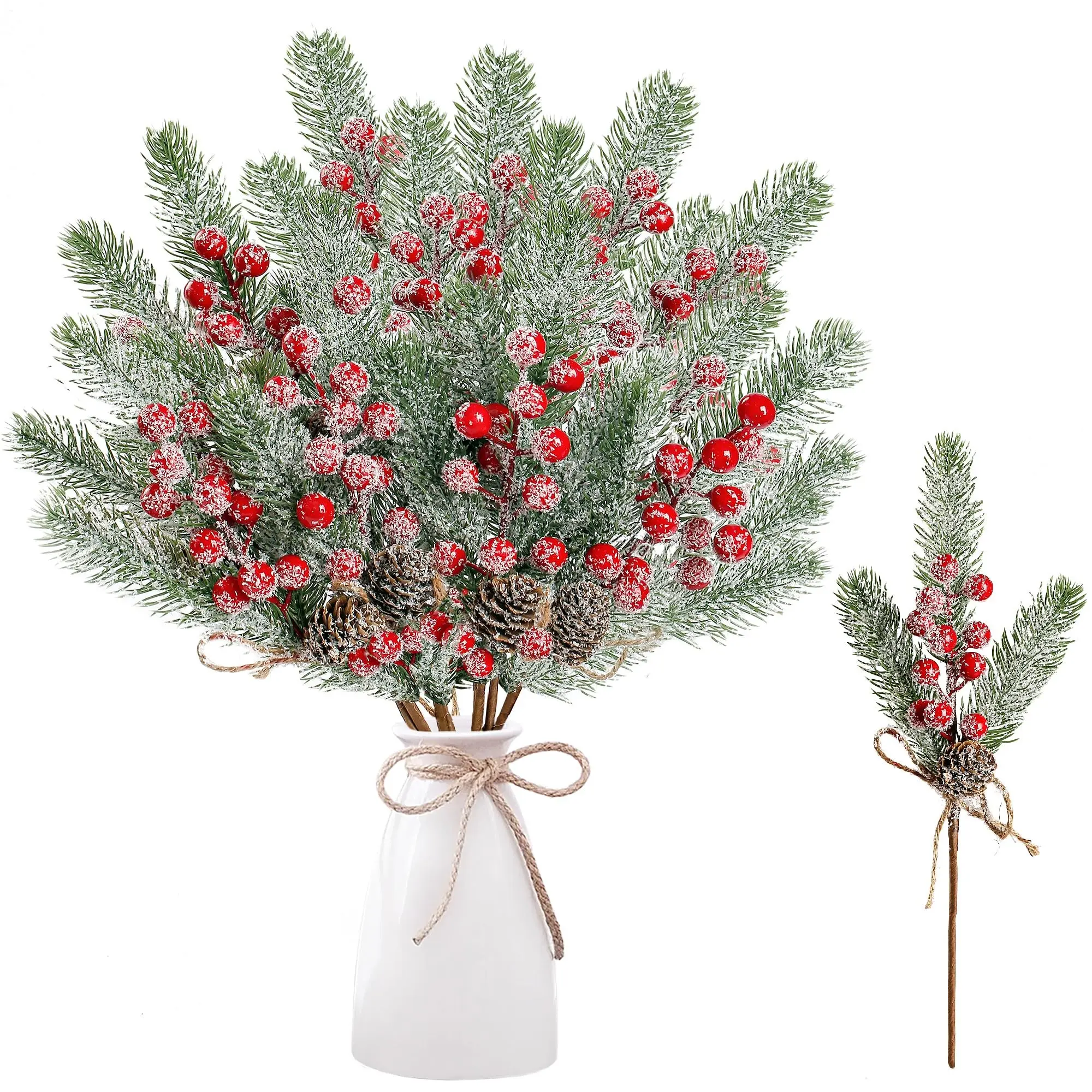 16 Pack Snow Frosted Christmas Berries Pine Picks, Artificial Berry Pine Branches, Faux Pine Stem with Pine Cones, Xmas Tree Wreath Decor
