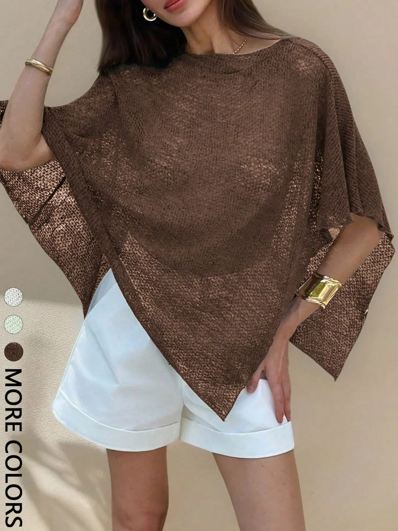1 Piece Minimalist Round Neck Wide Batwing Sleeves Hollow Knit Loose Asymmetrical Diagonal Hem Lightweight Outer Shawl