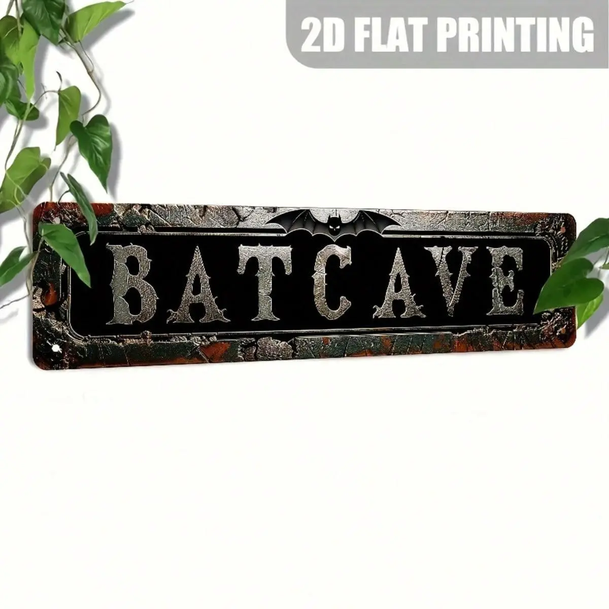 Vintage Bat Cave Logo Print Tin Metal Wall Decor Plaque - 16x4 in Durable Lightweight Pre-Drilled Holes Hanging Signage, Home Decor Products, Halloween Door Decoration