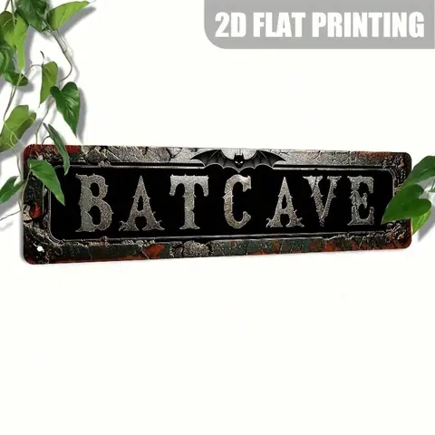 Vintage Rectangular Bat Cave Logo Retro Tin Decorative Plaque - 16x4 in, Durable Lightweight, Pre-Drilled Holes for Hanging, Halloween-Ready Wall Art Plaque, Vintage Metal Home Signs, Wall Quote Home Signs