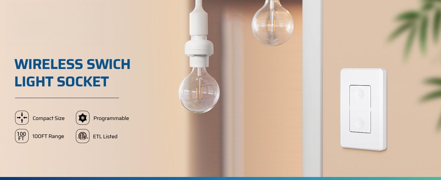 SQ-PNC004 Remote Control Light Bulb Socket, Wireless Light Switch for Pull Chain Light Fixture, Remote Light Socket E26 E27 Bulb Base with Wall Mounted Wireless Controller, No Wiring, ETL Listed