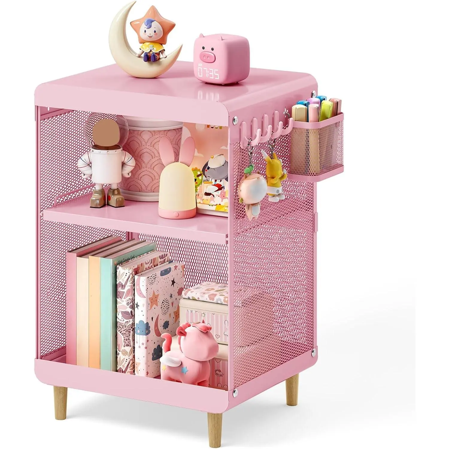 Kids Nightstand for Girls, Metal Bedside Table with 4 Hooks & Hanging Basket, 3-Tier Storage Shelf, Toddler Night Stand for Bedroom, Pink