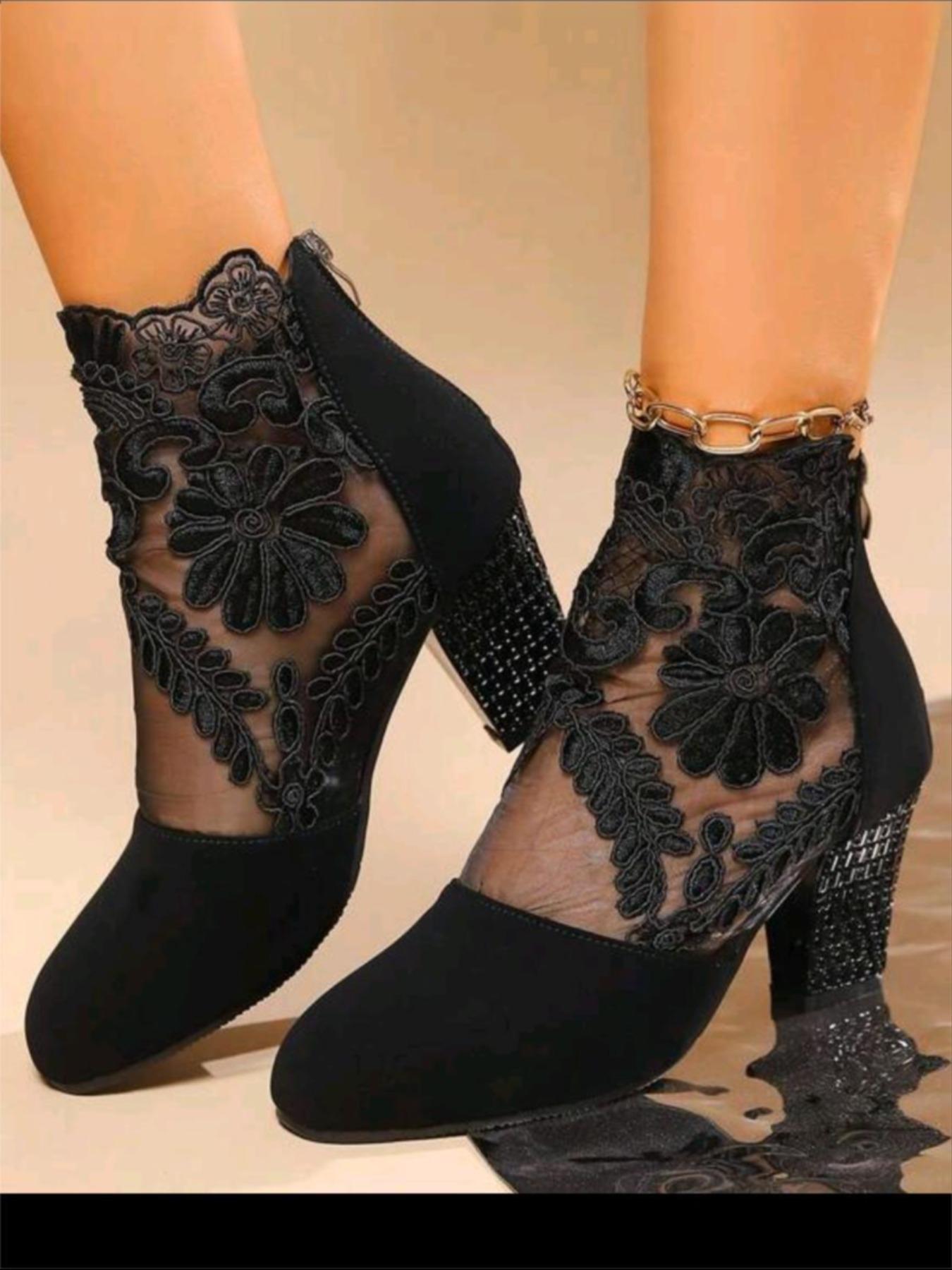 YYW1 Women's Fashion Flower Embroidered Design Contrast Lace Ankle Boots, 1 Pair Elegant Pointy Toe Heeled Boots Daily Wear, All-match Boots Women & Girls, heels, Pointy Toe Boots, Embroidery Ankle Boot