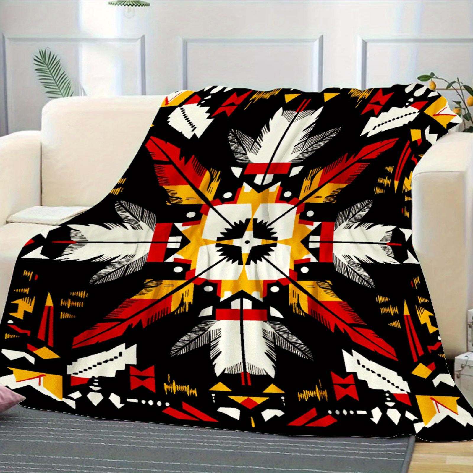 A Single Piece of a Soft And Lightweight Tribal Geometric Blanket Featuring a Southwestern Design in Black, Red, White, Gray, Beige, And Golden Brown. Suitable for All Seasons And Can Be Used on Sofas, Beds, During Camping