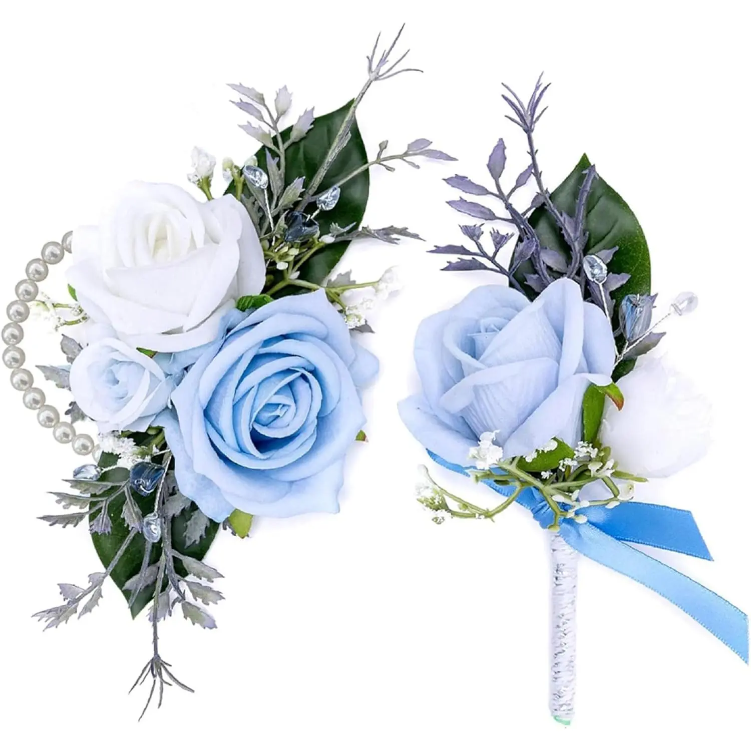 Handmade Satin Rose Wrist Corsage and Boutonniere Set, 2-Piece with Elastic Pearl Bracelet, Romantic Wrist Corsages for Bride, Wedding, Prom, Beach