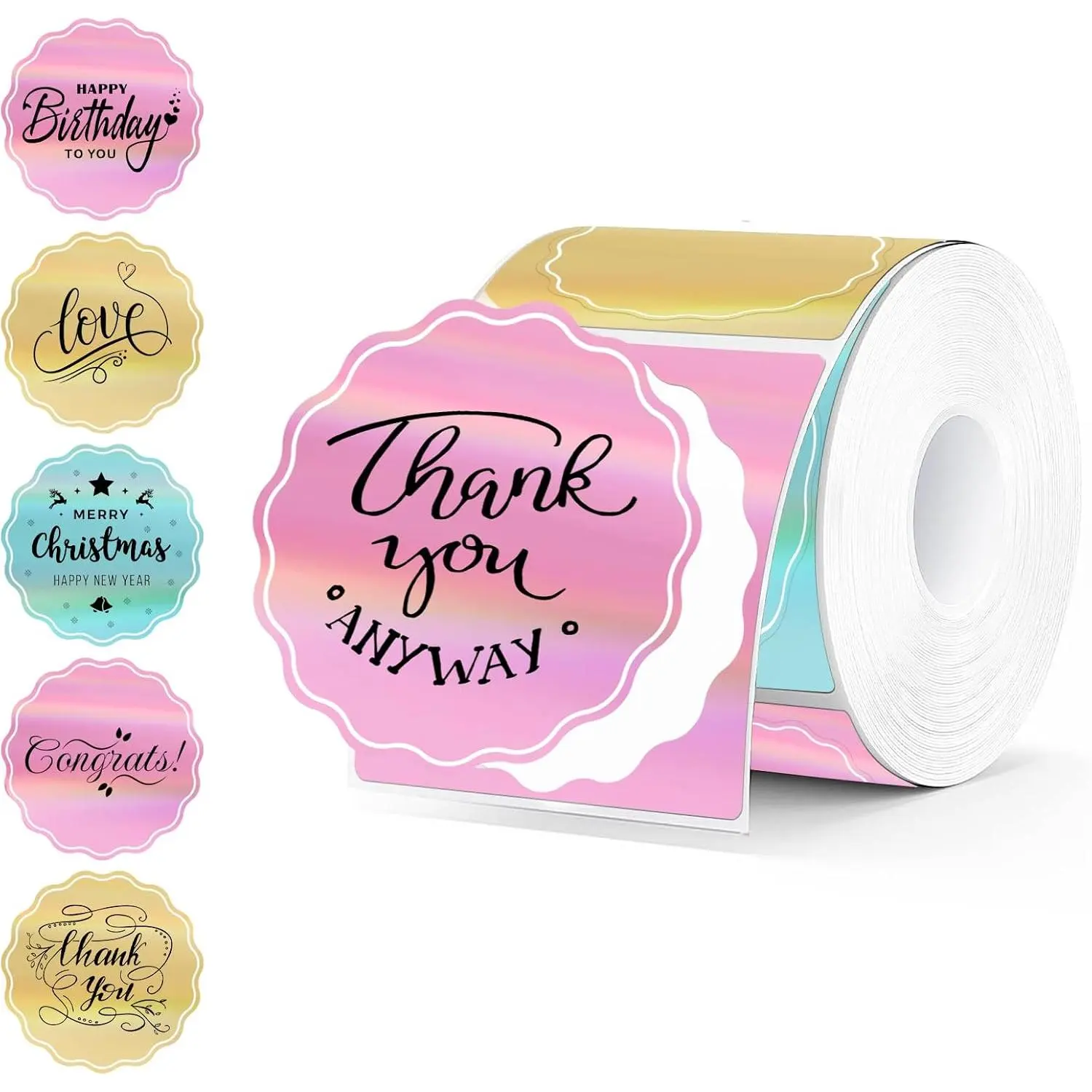 300 count- 2 Inch Round Holographic Thermal Labels, Color Flower Thermal Sticker Labels for Small Business, Thanks, Logo, Design, Baking,300 Labels/1 Roll (Color)