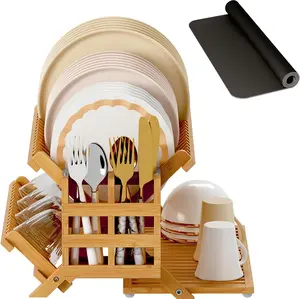 3 Tier Collapsible Bamboo Dish Drying Rack with Utensil Holder, Large Folding Wooden Dish Drying Rack with Absorbent Drying Mat for Kitchen Counter