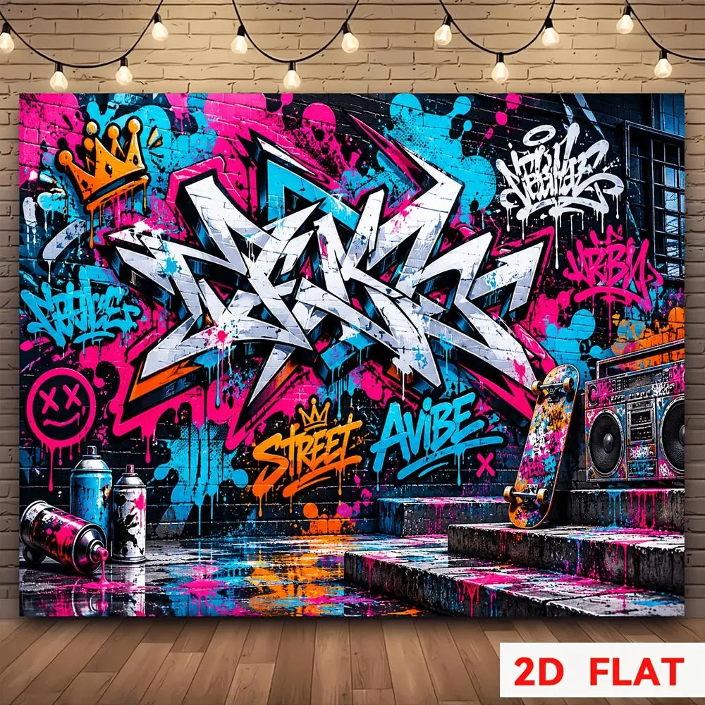 Glam 2D Flat Banner Street Graffiti Style Polyester Photography Backdrop, HD Print Soft Lightweight Foldable Cloth, Suitable for Indoor Parties, Portrait Photography