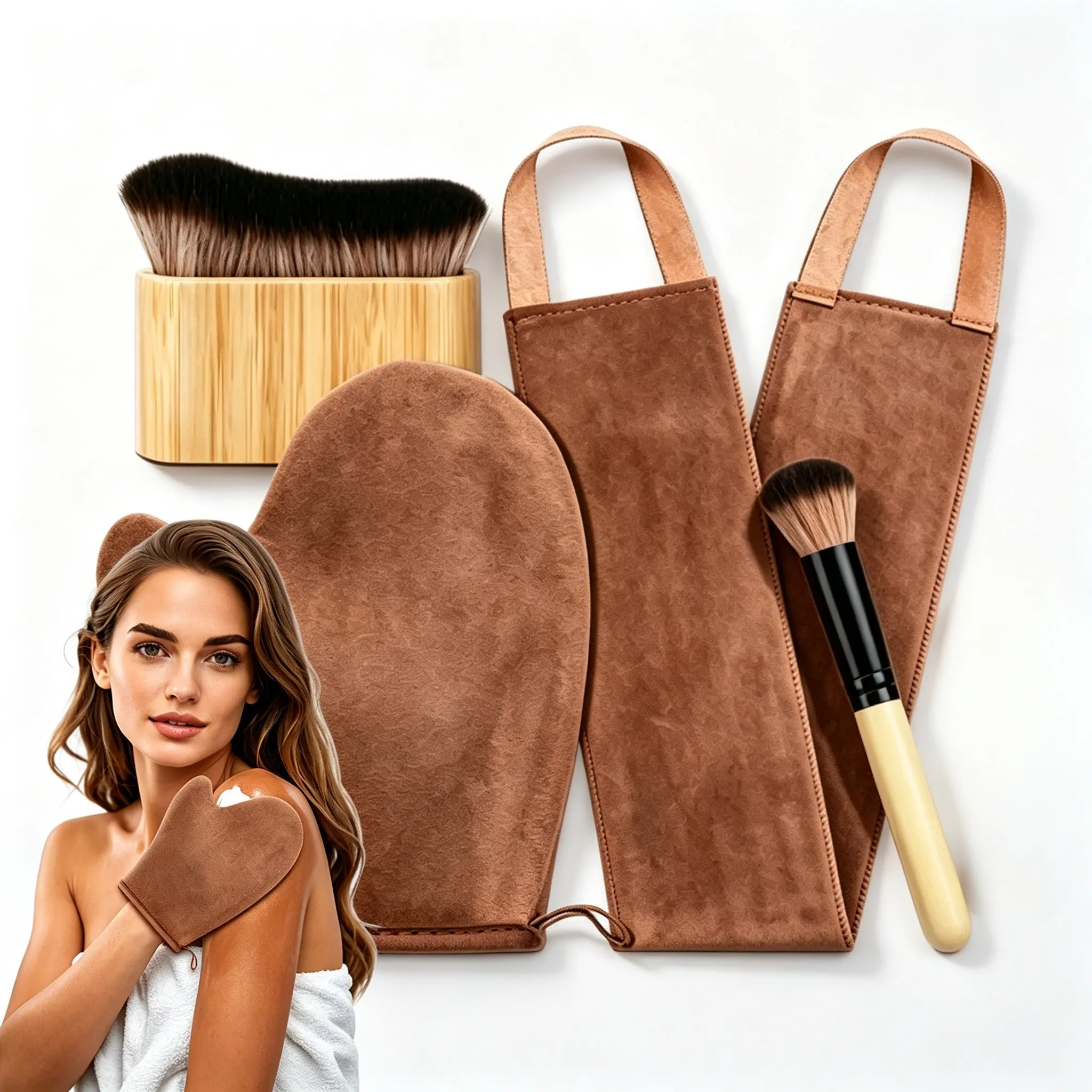 4-In-1 Self-Tanner Applicator Kit, Waterproof Lined Tanning Mitt, Back Lotion Applicator, Washable Reusable DIY Tanning Tools for Home Beach