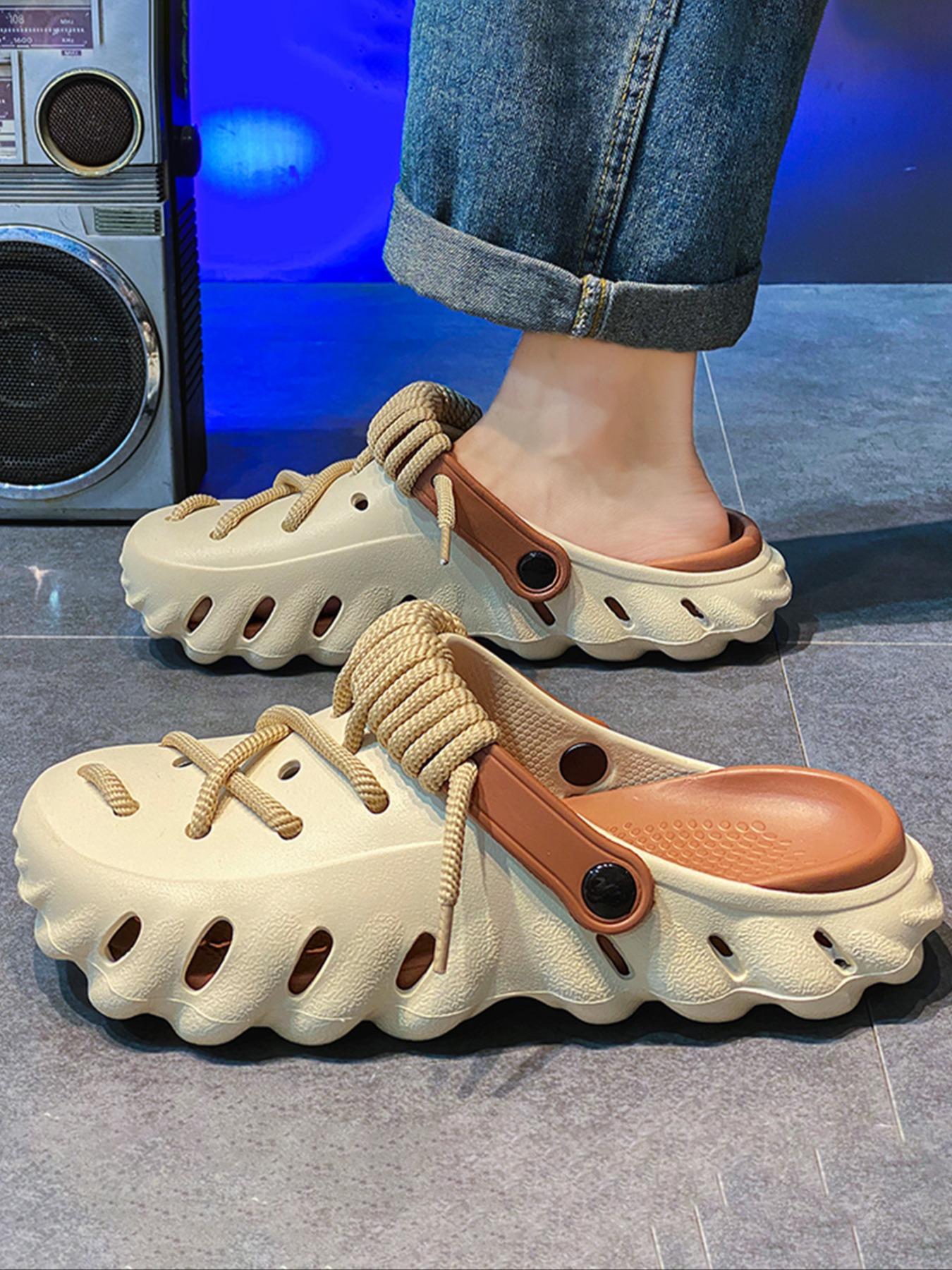 Unisex's Minimalist Plain Color Lace-tied Clogs, Casual Comfortable Breathable Clogs Flat Slippers, Fashionable Clogs for Indoor & Outdoor Wear, Unique Sandals