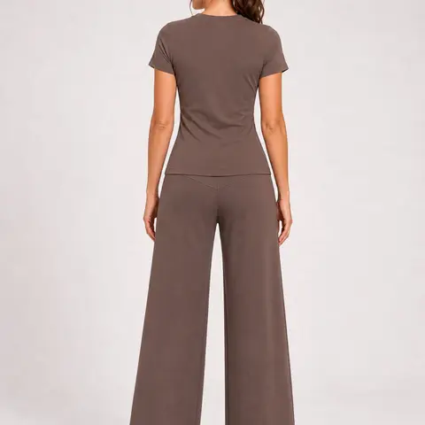 Women's Sporty Two-Piece Set, Short-Sleeve Round-Neck Top & Wide-Leg Pants, Soft Stretch Fabric, Ideal for Yoga Active Wear and Daily Wear