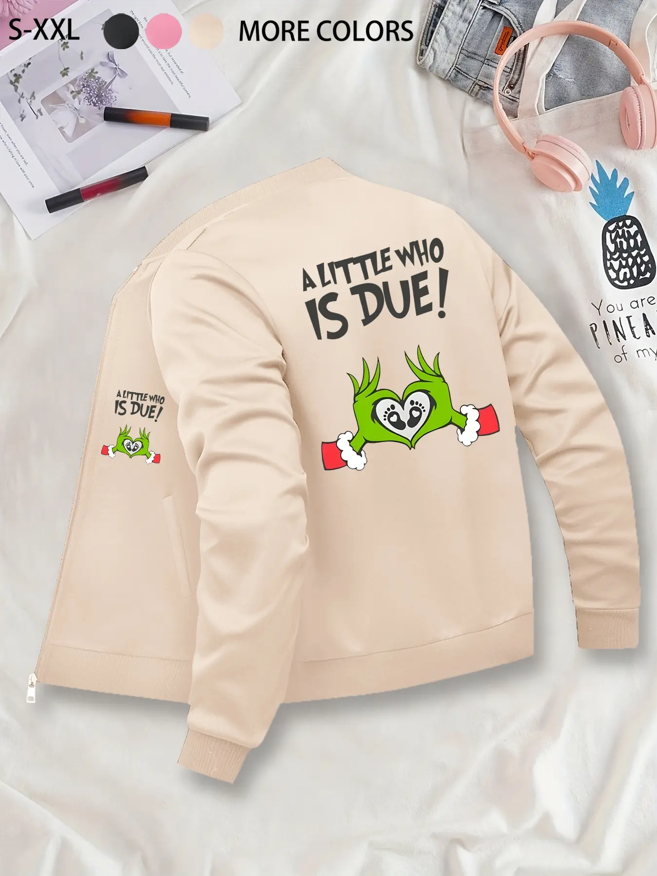 Grinch Themed Maternity Wear - Cute Cartoon Printed Bomber Jacket, Zip-Up, Stand Collar, Polyester Knit Fabric, Fitted Design, Pocket Detail, Suitable for Autumn & Winter.