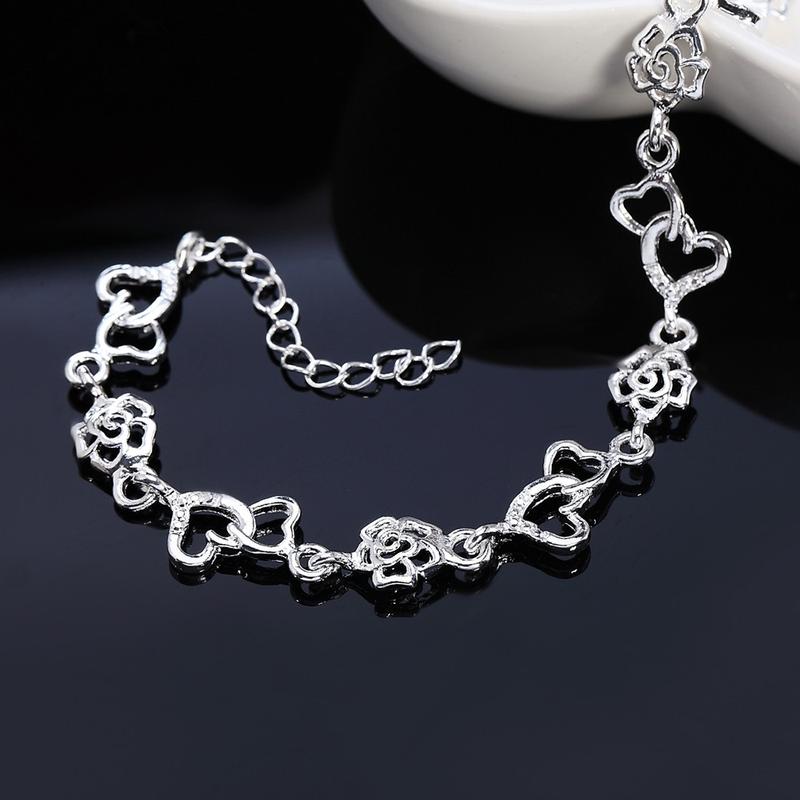Beautiful 925 Sterling Silver Bracelet for women bracelet HEART lovely FLOWER chain fashion Wedding Party cute lady nice jewelry