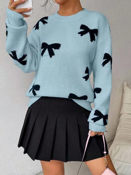 Fashion Bow Print Casual Loose Knitted Sweater Pullover Autumn/Winter Women Pullovers New Full Sleeve Knitwear
