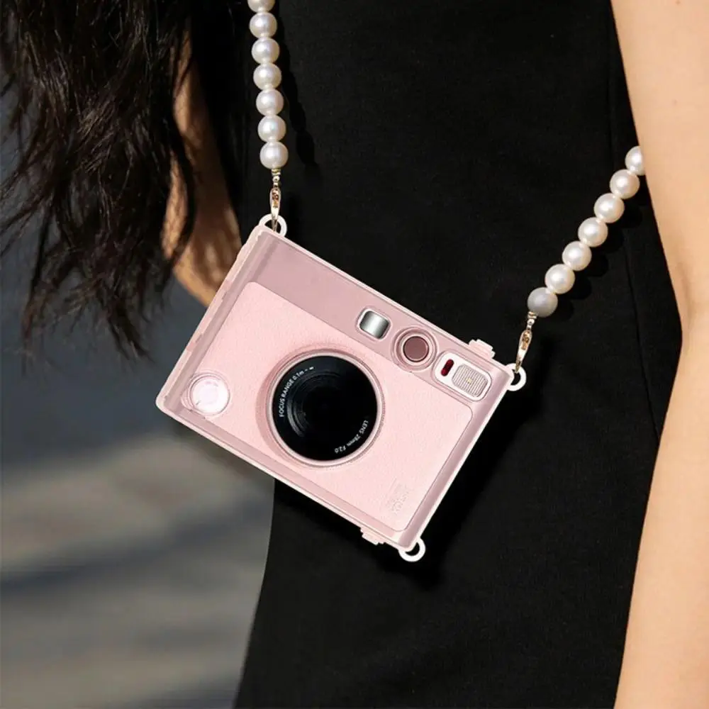 with Pearl Chain Carrying Case Crystal Wear Resistant Instant Camera Shell Translucent Pink for Fujifilm Instax Mini EVO