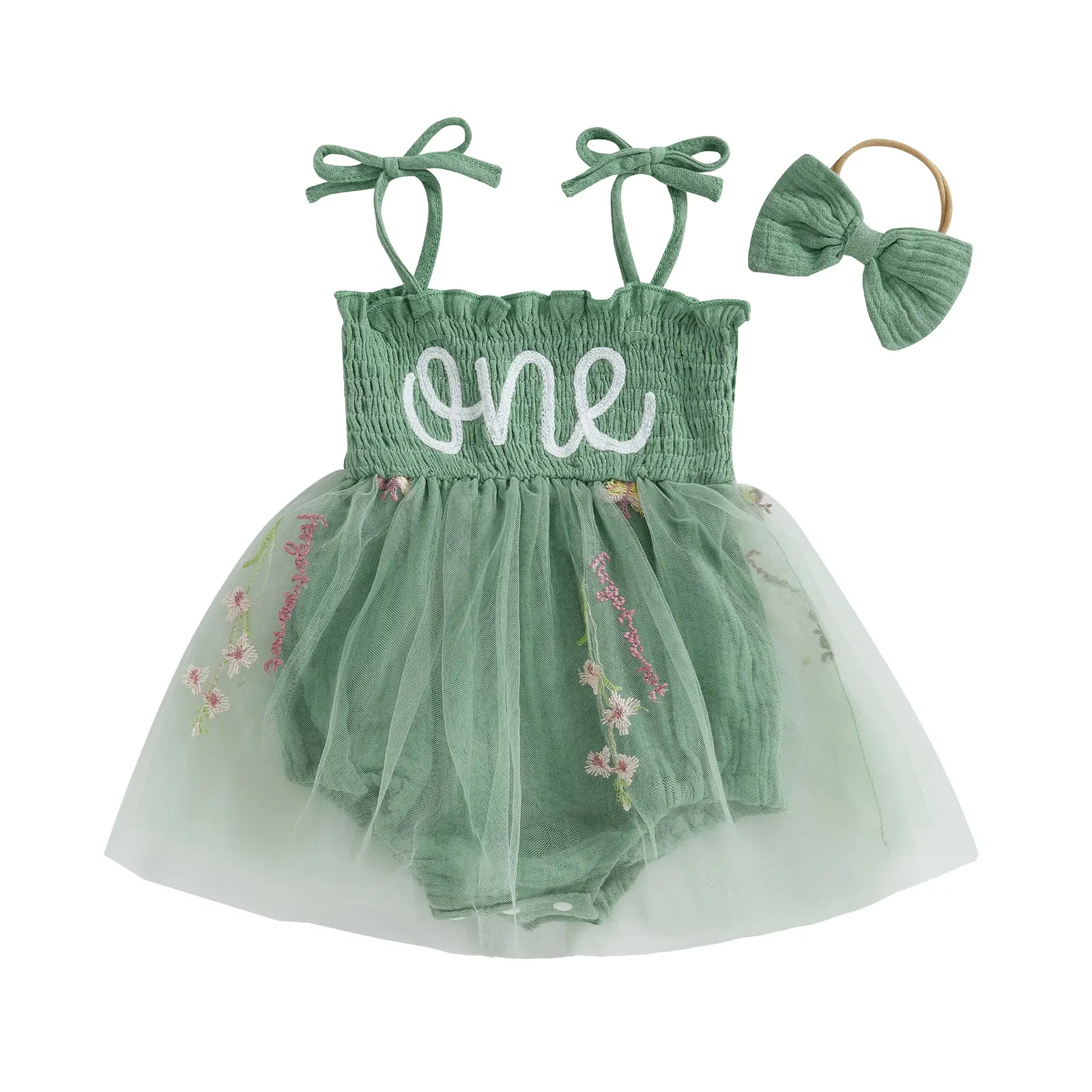 Baby Girl "One" Tutu Romper Dress Smocked Spaghetti Strap Floral Embroidery Tulle Skirt Bodysuit with Bow Headband Set