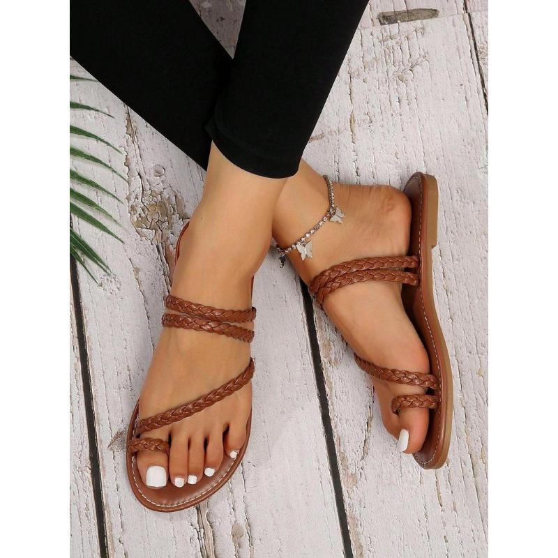 (New)Women's Fashionable Plain Color Ankle Strap Sandals, Casual Comfortable Flat Sandals for Beach Vacation, All-match Barefoot Shoes for Daily Wear, Summer