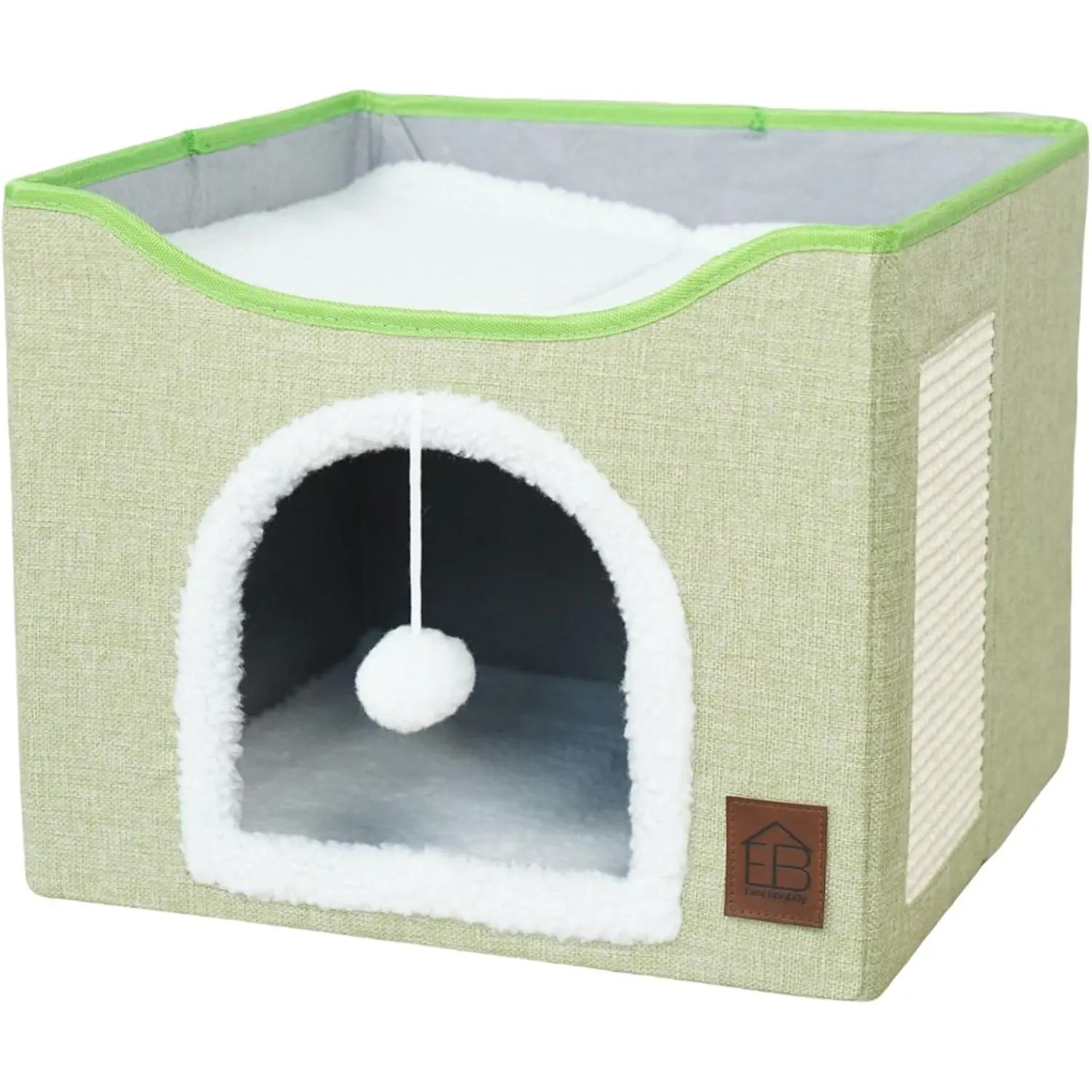Condo Bed | Foldable  Cave with Scratcher Pad, Rsible Cushion &   Ball | Indoor Hideaway, Lounge Perch & Playhouse, Durable Linen with Cozy Sherpa
