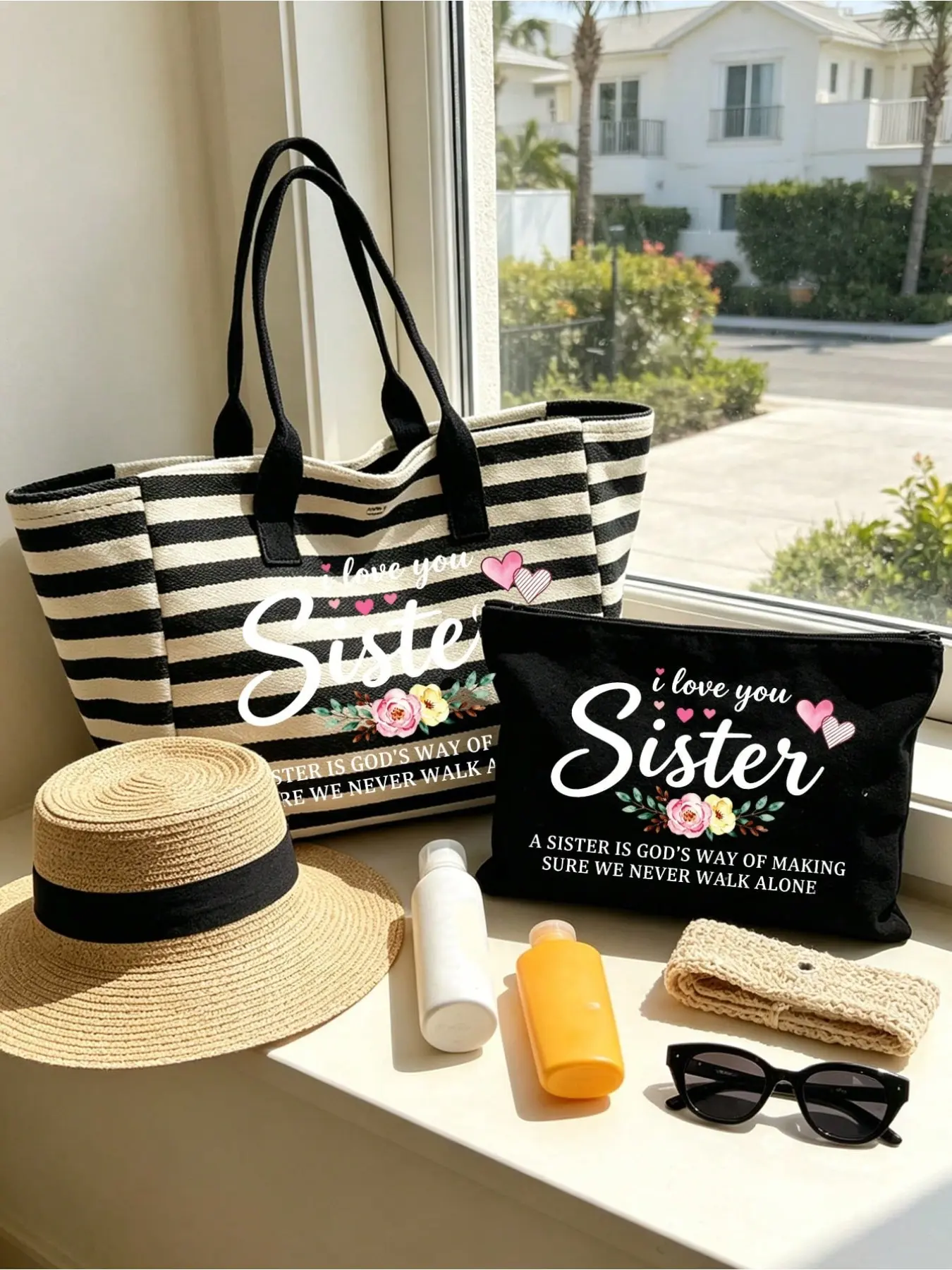 "i Love You Sister" Striped Fashion Tote Bag, Foldable Shoulder Bag, Gift for Sisters, Friends, Office, Beach, Birthday, Memorial Day