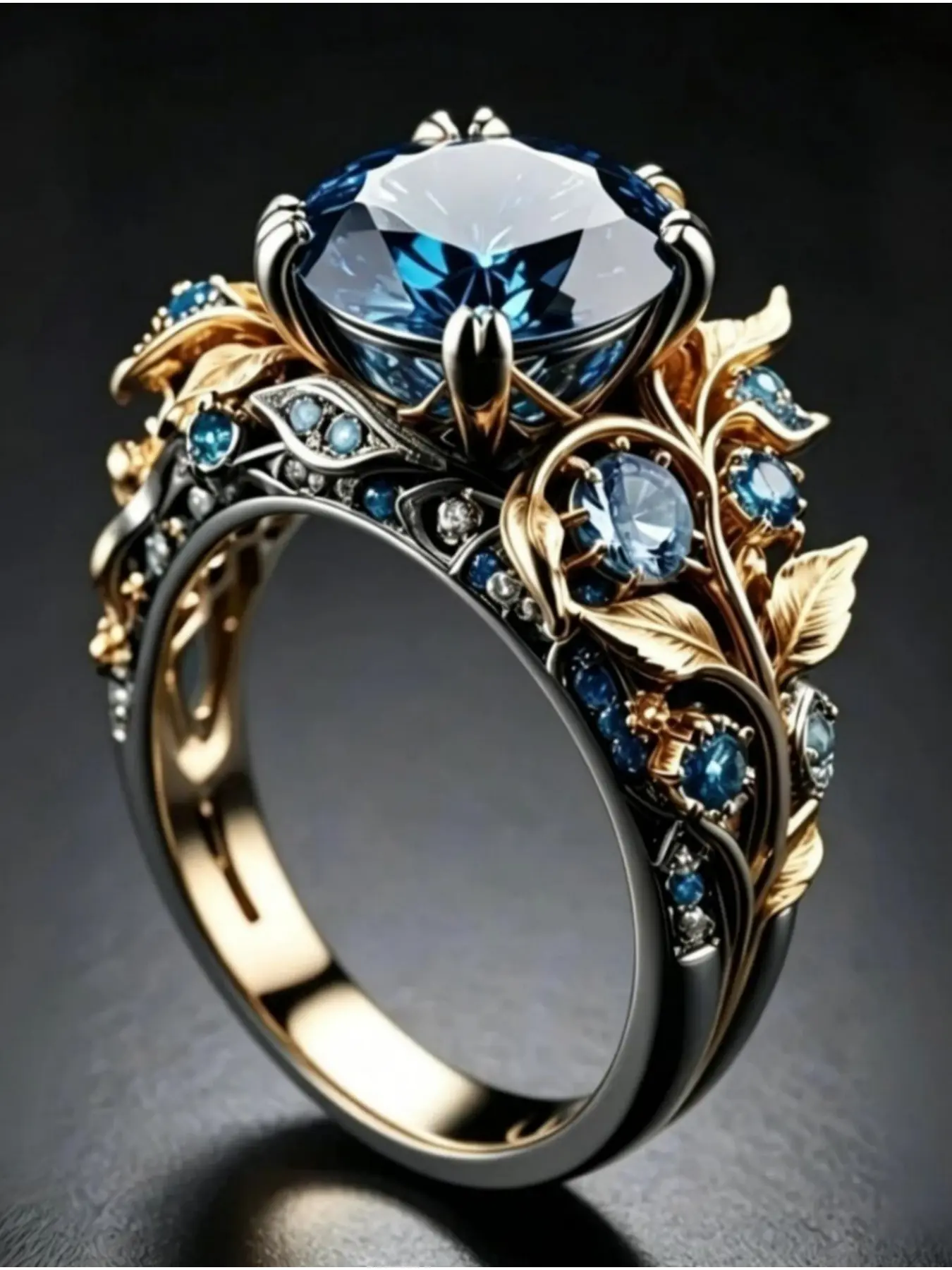 Fantasy Style Blue Diamond Engagement Ring, Two-Tone Metal with Filigree, Wedding Promise Ring for Her, Wedding Engagement Rings