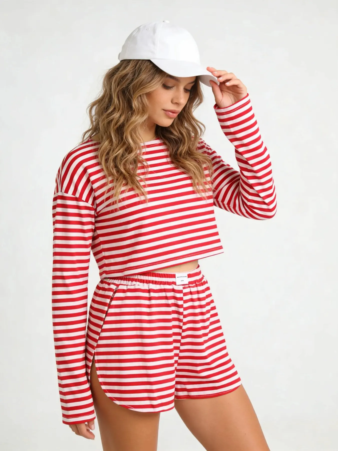 Women's Striped Sleepwear Loungewear Pajama Set, Soft & Comfortable Long Sleeve Top + Side Slit Shorts, Casual All-Season for Home Beach Vacation