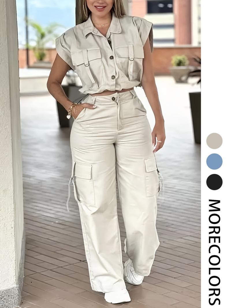 Women's Solid Button Front Tank Top & Cargo Pants, Casual Fashion Cozy Two-piece Set for Daily Outdoor Wear, Ladies Clothes for Summer