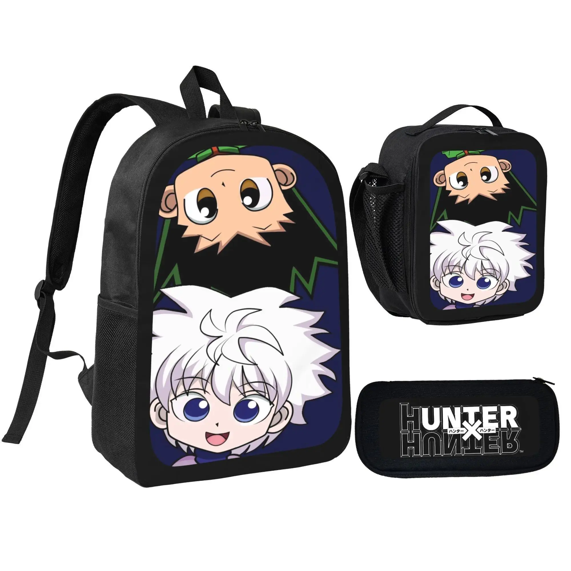 3 in 1 HUNTERXHUNTER Anime Themed School Supplies Set, Trendy Anime Printed Backpack with Insulated Lunch Pouch and Stationery Bag, Durable Premium Fabric Daypack for Kids Teens Boys Girls Anime Lovers