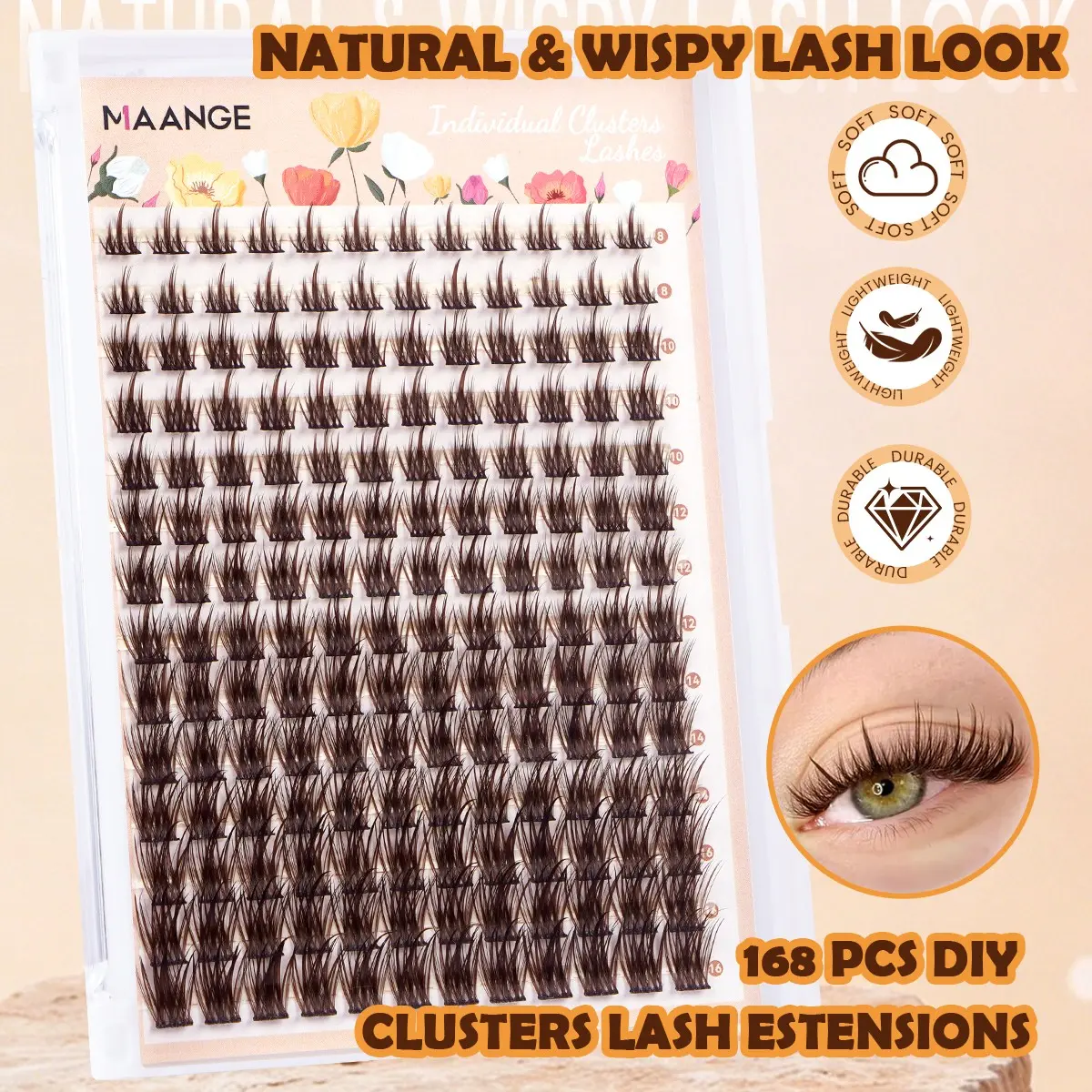 MAANGE 140/168 PCS Brown Individual Lash Clusters, Soft Cluster Eyelashes, Soft Faux Mink DIY Eyelash Extensions with Clear Thin Band, Natural Wispy Design, Multi Lengths for Custom Look, Long Lasting Segmented Lashes for Home Grafting & Daily Makeup