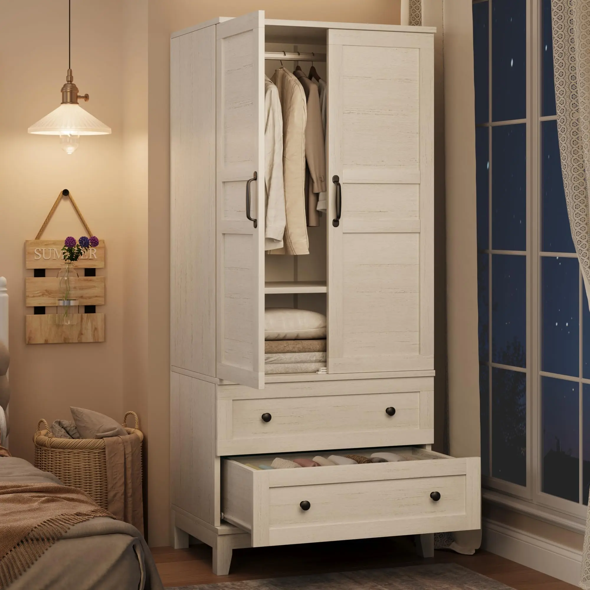 72" Modern Walnut Wardrobe Armoire, Bedroom Storage Cabinet with 2 Drawers, Hanging Rod & Adjustable Shelf, Heavy Duty Closet with Doors