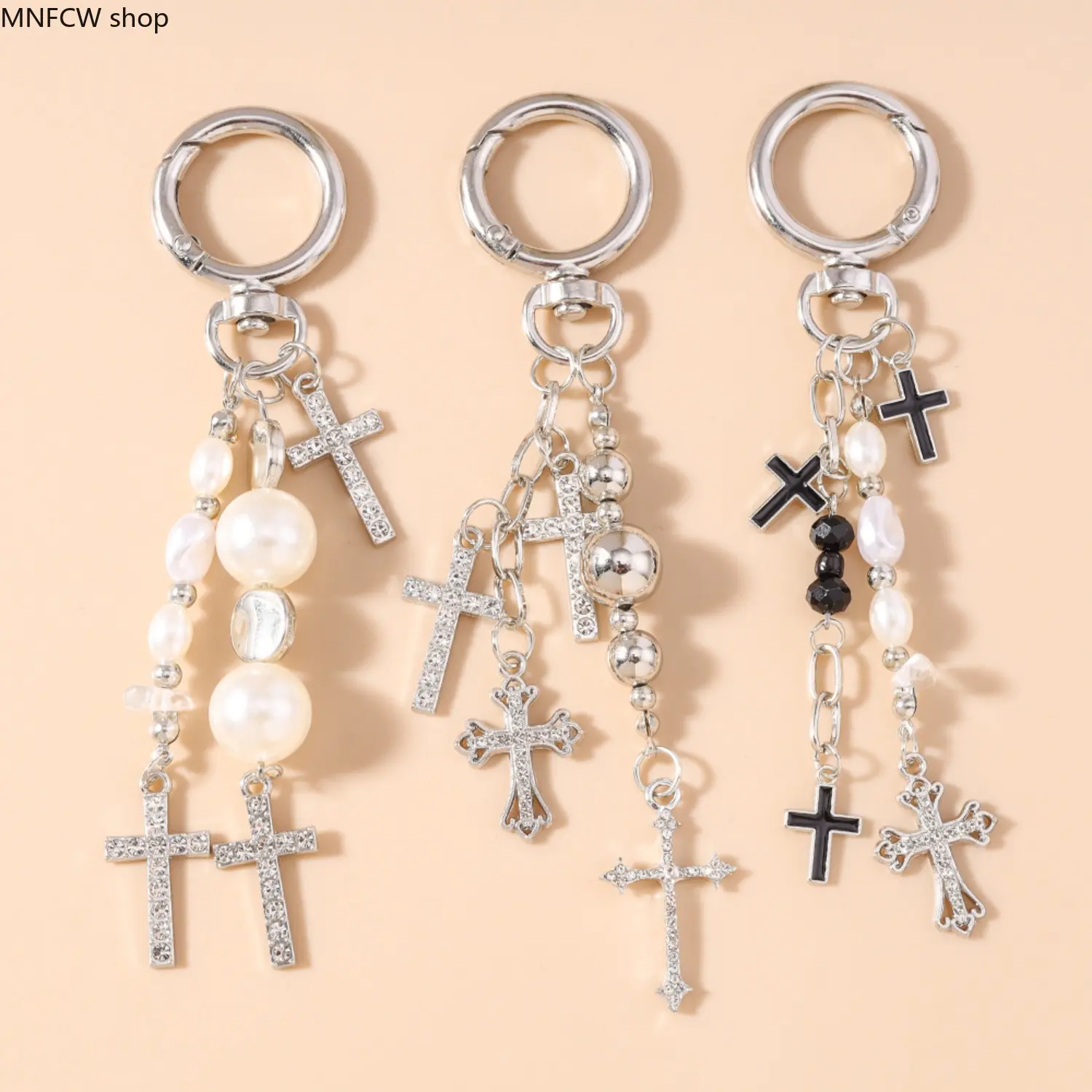 Cross Keychain: Metal cross, crystal pendant, pearl beads, and black enamel accents; handbag charm; Halloween gift.