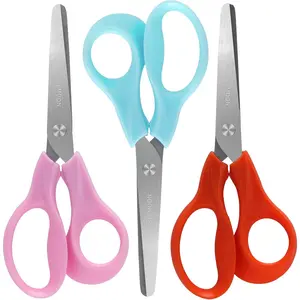 5" Small School Student Blunt Kids Craft Scissors, Sharp Stainless Steel Blades Safety Comfort Grip for Toddler Preschool Children Cutting Paper, 3 Pack,blue