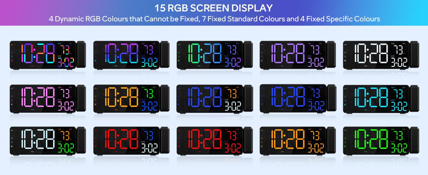 Projection Alarm Clocks, RGB Desk Clock with 180°   Rotatable Projector 15 Color Display, Date Temperature and Weekday, DST, Snooze, Ambient Lighting for Living Room,Bedroom Bedside Office Decor