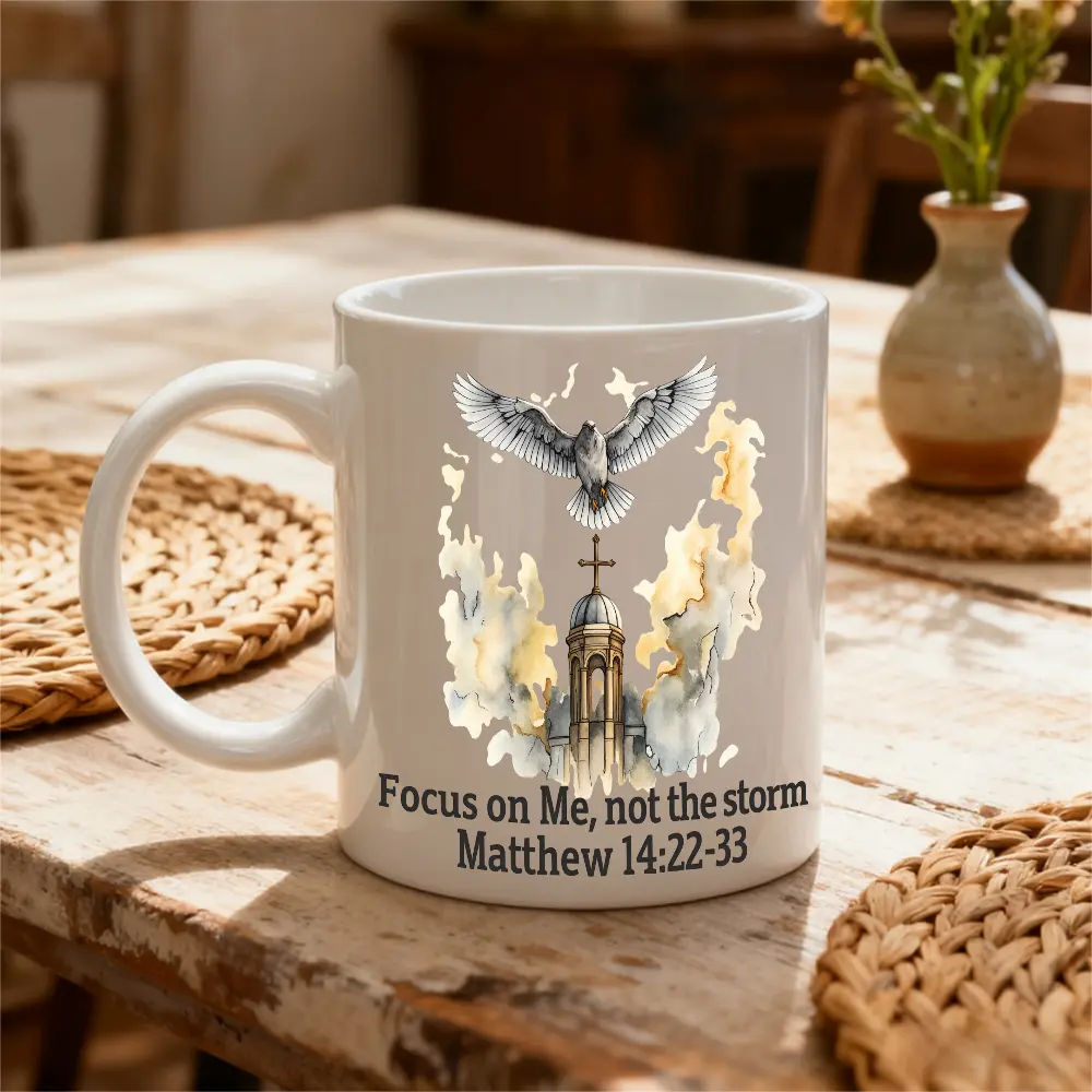 11oz White Mug, Religious Watercolor Style, Focus On Me Not The Storm Matthew 14:22-33 Eagle And Church Tower Design, Daily Use Christian Faith Inspiration Gift, For Believers Church Members Bible Study Group