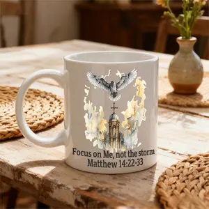 11oz White Mug, Religious Watercolor Style, Focus On Me Not The Storm Matthew 14:22-33 Eagle And Church Tower Design, Daily Use Christian Faith Inspiration Gift, For Believers Church Members Bible Study Group
