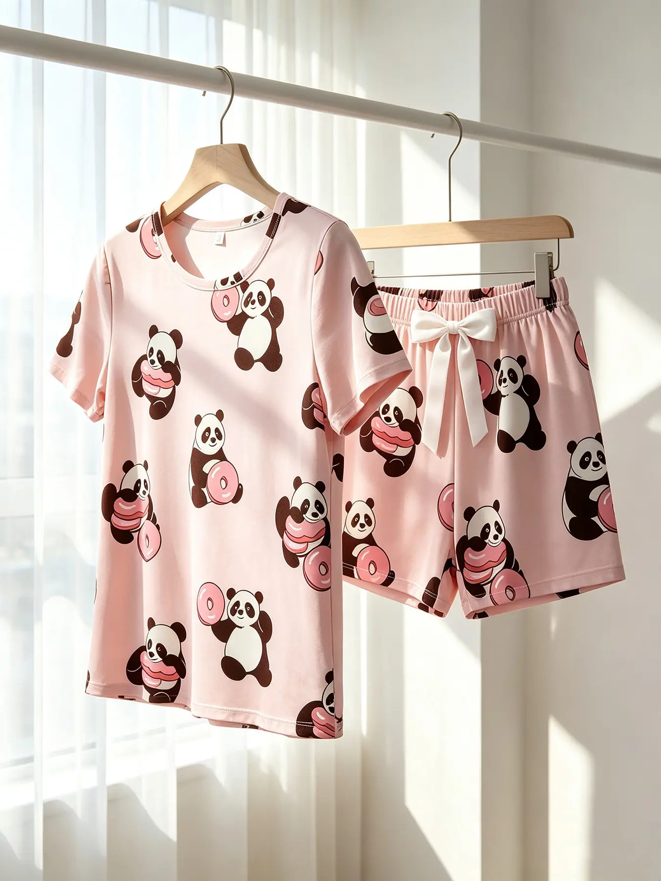 Women's Crew Neck Short Sleeve Top & Shorts Pajama Set, Pink Panda Donut Print, Spring Summer Wear, Loose Slim Fit, Playful Girly Cute Kawaii Print Loungewear