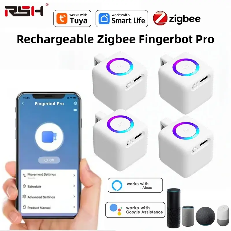 Rsh 4-Pack Smart Rechargeable Zigbee Compatible Fingerbot Pro, Tuya APP Control, RGB Halo, Voice Control, Auto Switch Press Bot for Lights & Doors