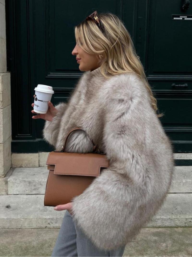 Women's Solid Color Faux Fur Jacket, Casual Long Sleeve Open Front Outerwear for Fall & Winter, Women's Coats for Daily Wear