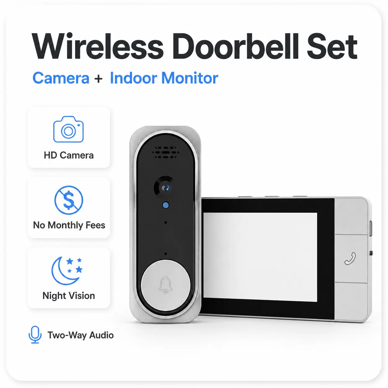 Smart Wireless Doorbell Camera with Monitor, HD Video, Night Vision & Two-Way Audio, Easy Home Installation, No WiFi App Setup or Recurring Subscription Fee