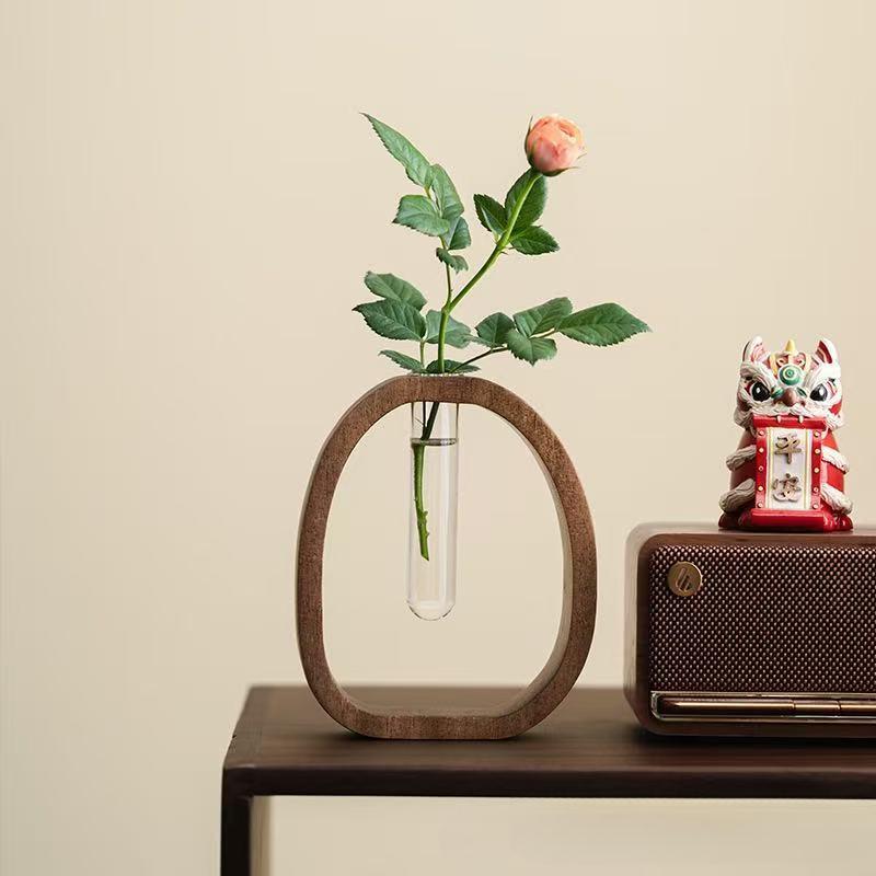 Natural Solid Walnut Wood Hydroponic Plant Stand, Mini Glass Tube Tabletop Planter, Modern Minimalist Home Office Decor