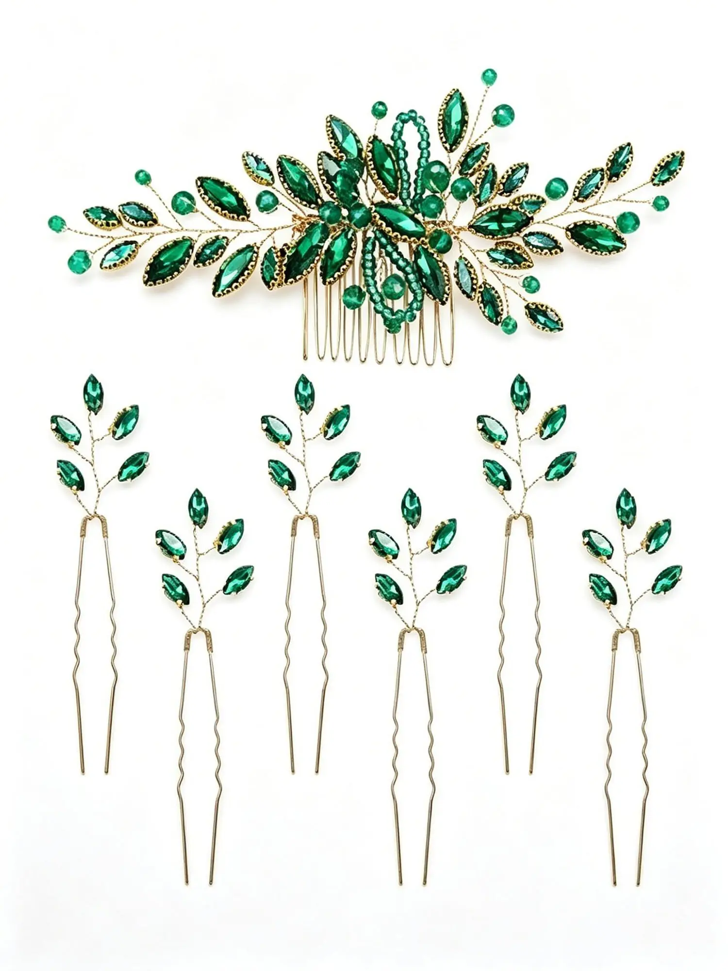 Luxury Emerald Crystal Leaf Vine Hair Combs & Rhinestone U Hair Pins, Fashion Hairpins, 7 Pieces Set, Sparkly Formal Party Prom Headpieces